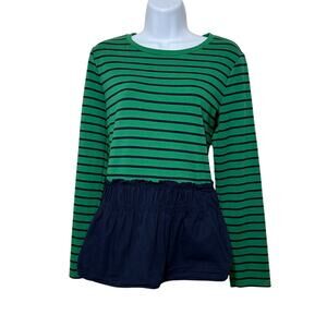 Crown & Ivy Green Navy Striped Blouse Medium – Preppy Peplum Contrast Hem